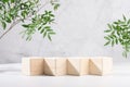 Presentation and display product - wooden cube podiums in row with green branch of tree in sunlight on white wood board and grey. Royalty Free Stock Photo