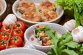 Presentation of georgian cuisine. Baked mushrooms with suluguni cheese, Tbilisi Caesar, caprese, lavash bread, Pkhali Royalty Free Stock Photo