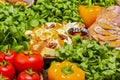 Presentation of georgian cuisine. Baked mushrooms with suluguni cheese, Tbilisi Caesar, caprese, lavash bread, Pkhali Royalty Free Stock Photo