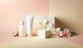 Presentation of a gift set of a cosmetic product, gift box on a pastel background with flowers