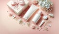 Presentation of a gift set of a cosmetic product, gift box on a pastel background with flowers