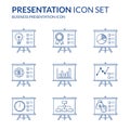 Presentation Icon set with blue doodle linear design.