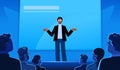 Presentation of a new product or business lecture. Man performs on stage in front of an audience in the hall. Conference or Royalty Free Stock Photo