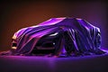 presentation of new super car covered with purple fabric Royalty Free Stock Photo