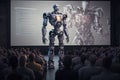 Presentation of the robot in a huge hall with spectators with a projection screen. Photorealistic shot generated by AI