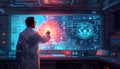 Presentation room with a futuristic scientist explaining a complex diagram