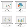 Presentation screen with stock, pie, line and bar chart