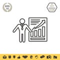 Presentation sign icon. Man standing with pointer near the infographic. Line icon. Royalty Free Stock Photo