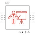 Presentation sign - line icon. Man standing with pointer near the flip chart. Blank empty billboard symbol Royalty Free Stock Photo