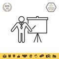 Presentation sign - line icon. Man standing with pointer near the flip chart. Blank empty billboard symbol Royalty Free Stock Photo