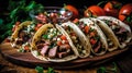 Mexican tacos with beef, carnitas and ingredients isolated on the kitchen background. Generative Ai