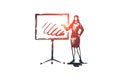 Presentation, woman, board, graphic, job concept. Hand drawn isolated vector. Royalty Free Stock Photo