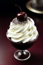 There is a chocolate dessert with whipped cream and a cherry on top.