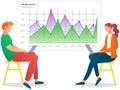 Presenters show statistical indicators and data on diagram. Colleagues giving presentation of report