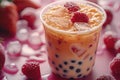 Presenting boba tea with red fruit and ice cubes in a plastic cup isolated on a pink background, in a front view. fresh bubbl Royalty Free Stock Photo