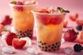 Presenting boba tea with red fruit and ice cubes in a plastic cup isolated on a pink background, in a front view. fresh bubbl Royalty Free Stock Photo