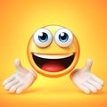 Presenting emoji isolated on yellow background, greeting emoticon 3d rendering