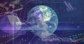 Presenting globe rotating in dark interface, showing pie, bar and line charts with binary code Royalty Free Stock Photo