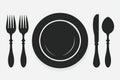 Presenting plate, fork, and spoon icon in black style on white background, flat design, isolated. Royalty Free Stock Photo