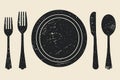 Presenting plate, fork, and spoon icon in black style on white background, flat design, isolated. Royalty Free Stock Photo