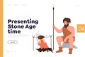 Presenting stone age time landing page design template with tribesman character cooking on fire Royalty Free Stock Photo