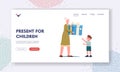 Presents for Children Landing Page Template. Baby Birthday Celebration. Granny Prepared Gift Surprise for Grandson