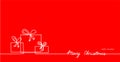 Presents, gifts, boxes simple outline and Merry Christmas text on red background. One continuous line vector drawing