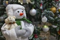 Presents and gifts with stuffed snowman under Christmas tree in living room. snowman under the tree Happy New Year