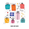 Presents illustration with make a wish typography. Pile of gifts and different graphic elements. Greeting card or banner for a Royalty Free Stock Photo