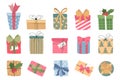 Presents mega set elements in flat design. Bundle of different types of holiday gift boxes with bows, holly, ribbons, striped or