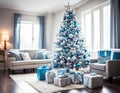 Presents ready for the Christmas event. Decorated Christmas tree in the living room in blue, silver tones. Royalty Free Stock Photo