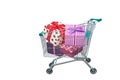 Presents ribbon gift box in shopping trolley cart