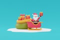 Presents sack full of gift boxes with Santa Claus sitting on a reindeer sleigh ride. Merry Christmas and Happy New Year. 3d Royalty Free Stock Photo