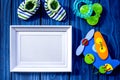 Presents set for baby shower with frame blue wooden background t