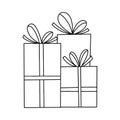 3 presents stacked in a Pile, different gift boxes, decorated with wrapping paper, ribbon, bows. Three gifts for holiday