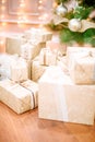 Presents under Christmas Tree in living room Royalty Free Stock Photo