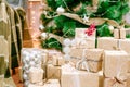 Presents under Christmas Tree in living room Royalty Free Stock Photo