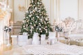 Presents under Christmas Tree in living room. Family Holiday New Year at Home Royalty Free Stock Photo