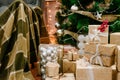 Presents under Christmas Tree in living room Royalty Free Stock Photo