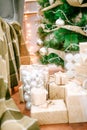 Presents under Christmas Tree in living room Royalty Free Stock Photo