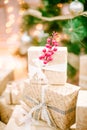 Presents under Christmas Tree in living room Royalty Free Stock Photo