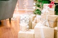 Presents under Christmas Tree in living room Royalty Free Stock Photo