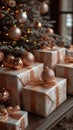 presents wrapped white pink paper gold ornaments flowing salmon colored silk precious metals tin foiling raw trimmings