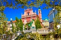 Presern square in Ljubljana riverfront view through leaf frame