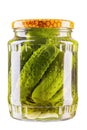 Preservation, conservation. Salted, pickled cucumbers in a jar isolated on white background. Canned vegetables.