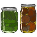 Preservation, set color. Two jars of cucumbers and tomatoes. Sketch scratch board imitation. Royalty Free Stock Photo