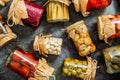 Preservation of vegetables in glass jars. Tomatoes, cucumbers, mushrooms, cabbage, pepper Royalty Free Stock Photo