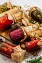 Preservation of vegetables in glass jars. Tomatoes, cucumbers, mushrooms, cabbage, pepper Royalty Free Stock Photo