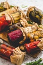 Preservation of vegetables in glass jars. Tomatoes, cucumbers, mushrooms, cabbage, pepper Royalty Free Stock Photo