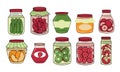 Preserve food. Glass jar with sweet marmalade or honey. Berry and fruit jam. Preservation products. Cans for pickled vegetables or Royalty Free Stock Photo